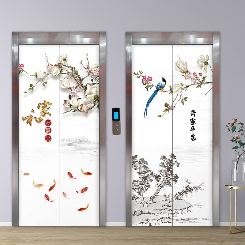 清新古典电梯门贴纸自粘可定制壁画玄关装饰画电梯门贴画中式花鸟图片