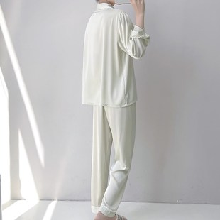 24年新款 高级感慵懒家居服套 丝绸睡衣女休闲春v秋款 冰丝透气长袖
