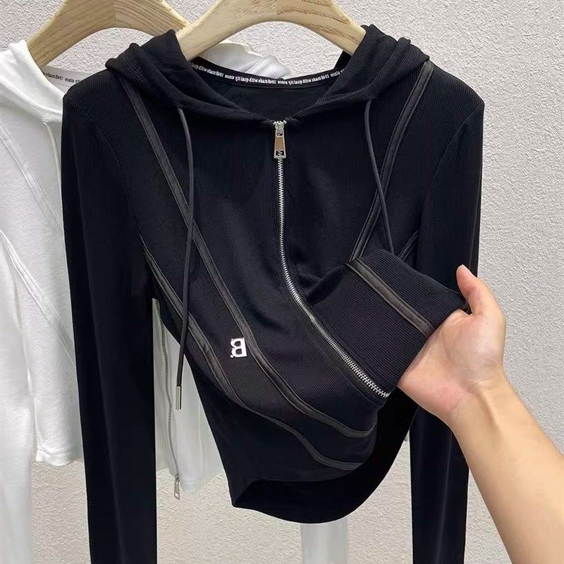 2023秋季新款连帽针织开衫女高腰短款小个子修身螺纹帽衫休闲外套