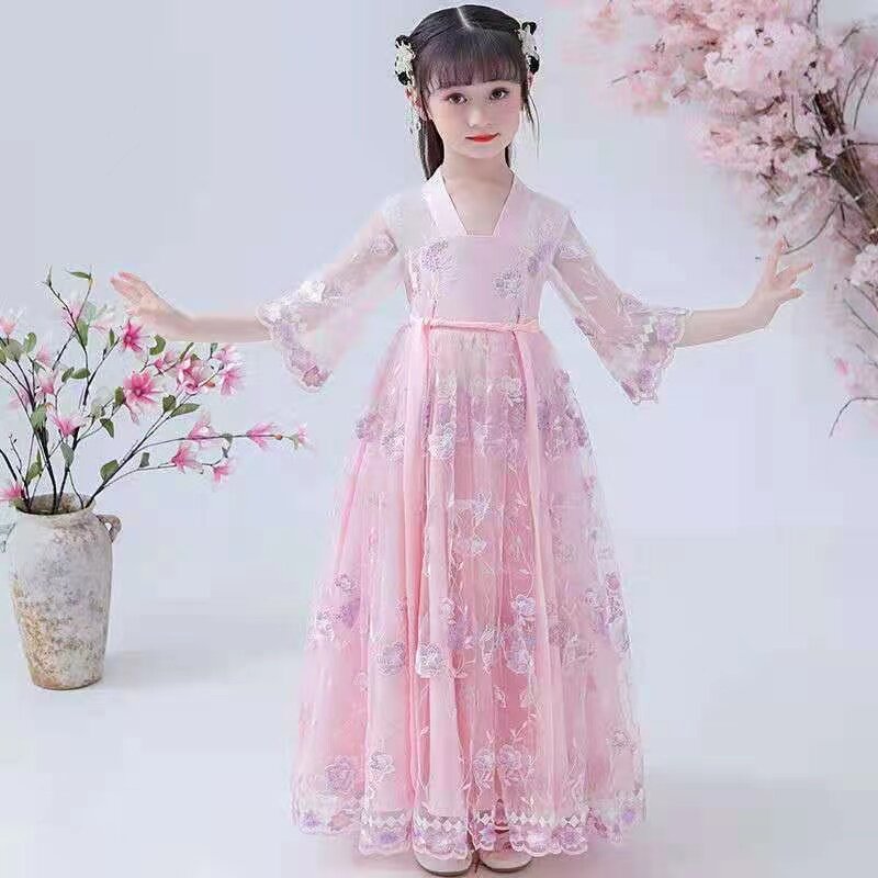 现货女童汉服连衣裙夏装2023新款古装薄款纱裙儿U童裙子夏季女孩