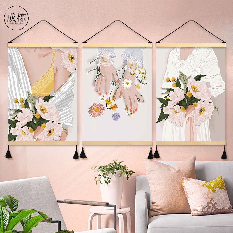 简约手绘花卉客厅背景墙装饰画餐厅卧室房间挂画布艺挂布背景布图片