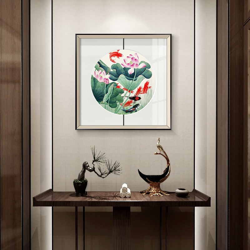 玄关装饰画新中式正方形挂画九鱼图背景墙画客厅走廊过道楼梯壁画图片