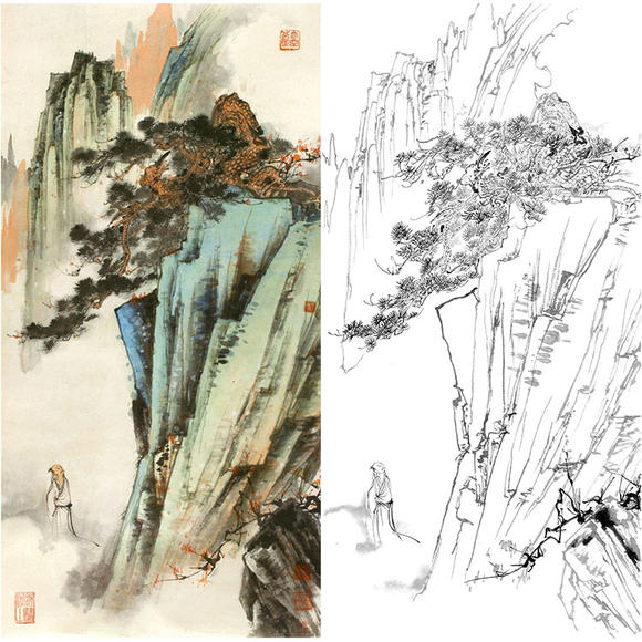 选笔画白描底稿胡也佛竖幅山水实z物白纸勾线印打稿尺寸可工-HY46