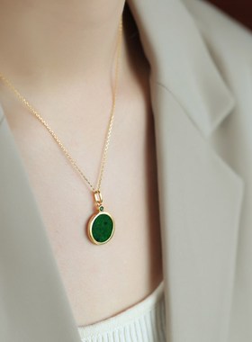 现货平安喜乐天然翡翠平安扣无事牌吊坠I女纯银国风金镶玉圆牌项