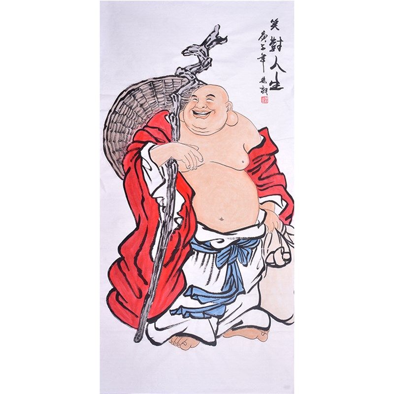 手绘弥勒佛画像国画n入户玄关茶室办公室挂画新中式佛系装饰画招