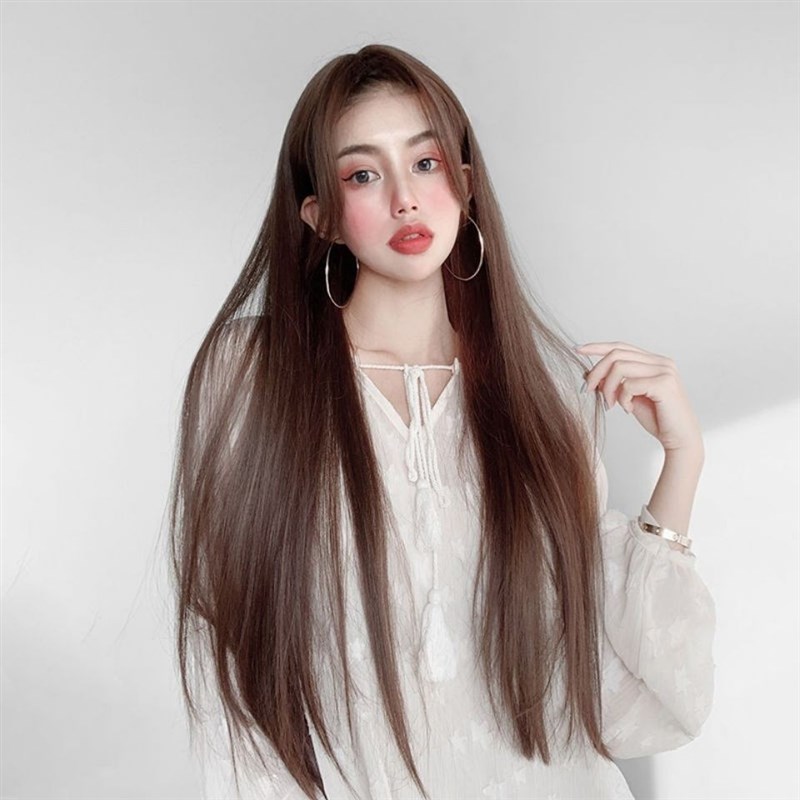 网红假发女长直发自然蓬松修脸八字刘海中分仿真修脸及腰黑色发套