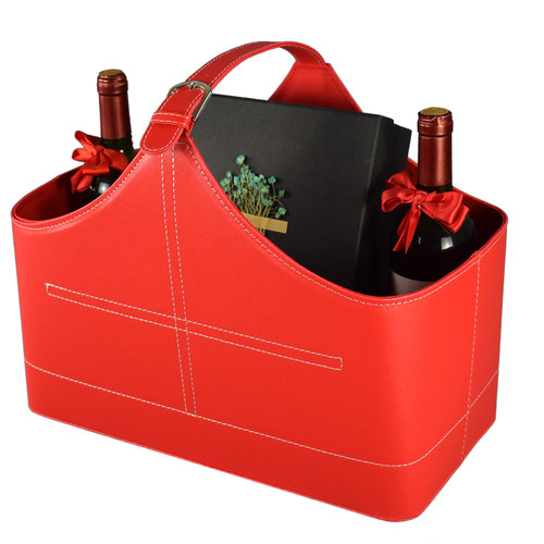 皮革礼品篮子皮质储物收纳篮手提水果篮圣诞春节送礼篮红酒皮篮子