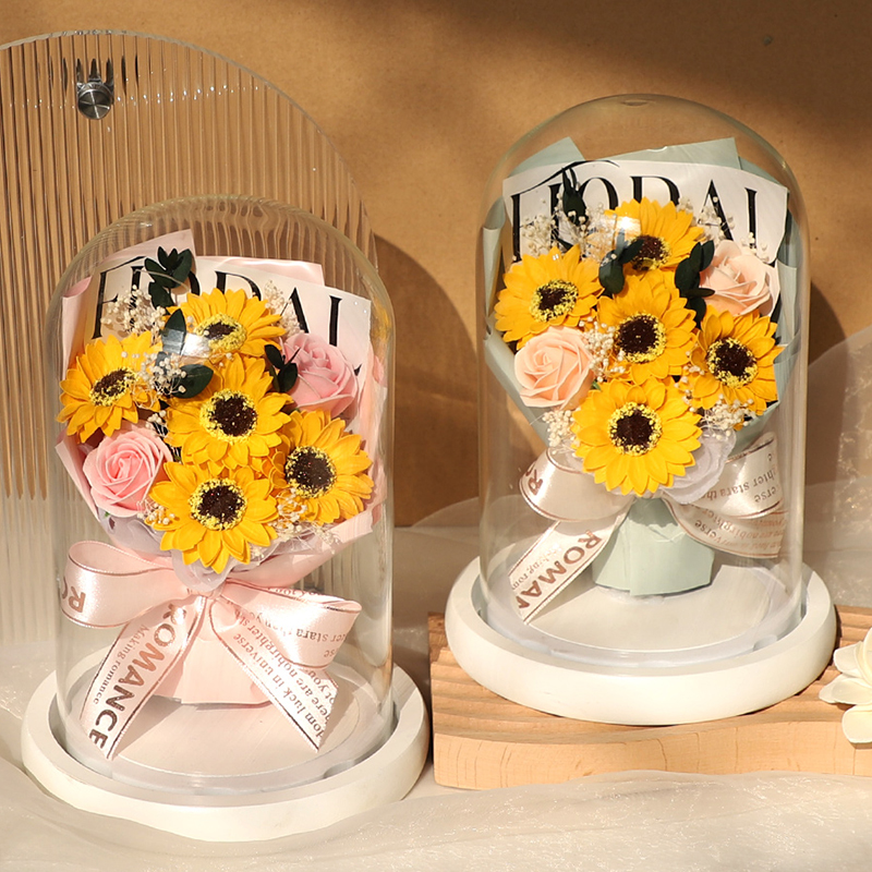 向日葵教师节毕业礼物干花送生日女友花束永生花玫瑰花玻璃罩摆件