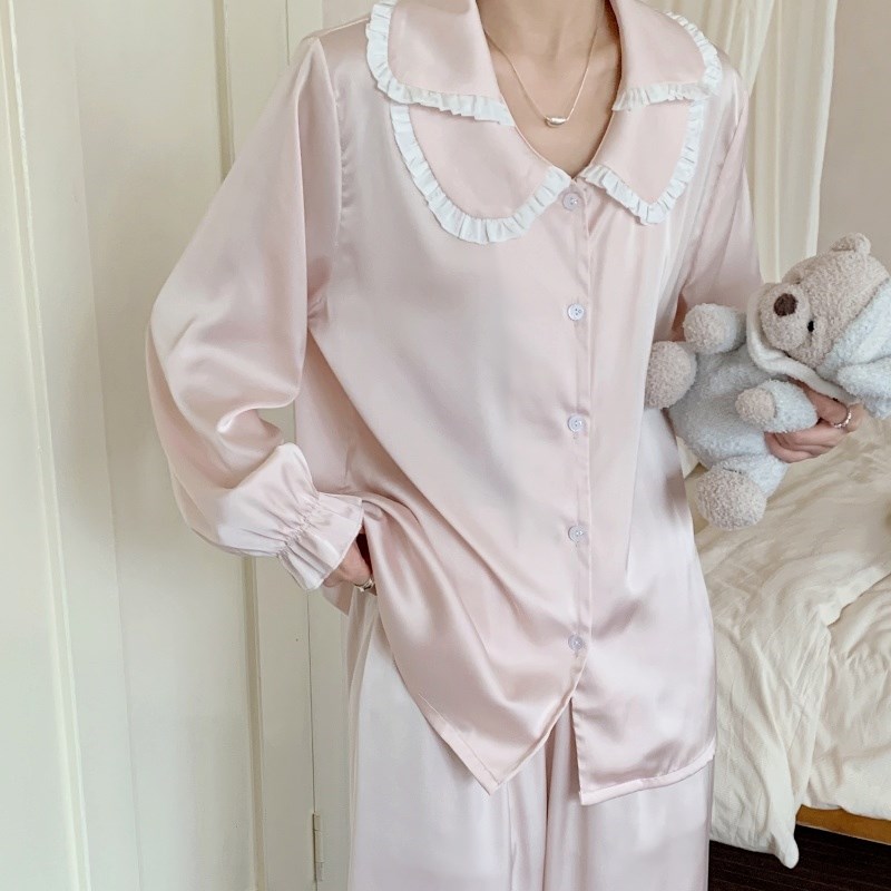 公主风双层花边领k粉色缎面冰丝睡衣女2025新款长袖长裤家居服套