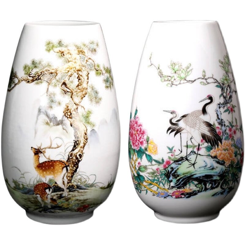 鹤鹿同春花瓶景德镇陶瓷手绘粉彩对瓶现代居家客厅台面装饰品摆件