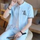 运动亚麻短袖 t恤男装 中国风宽松体恤夏季 棉麻休闲套装 薄款 两件套v