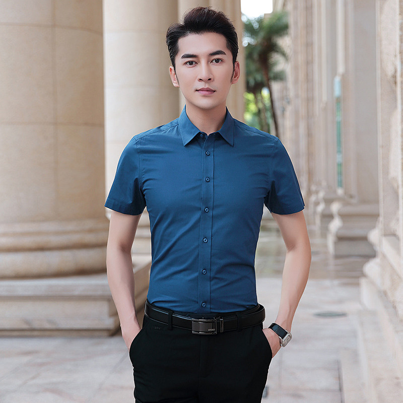 工厂销夏短袖衬衫男韩版修身商务正装工装弹力P冰丝职业白衬衣定