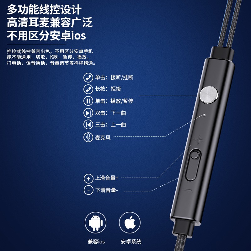 3.5mm毫米圆孔半入耳式耳机有线尼龙绳编织线耐磨耐用防断耐拉扯
