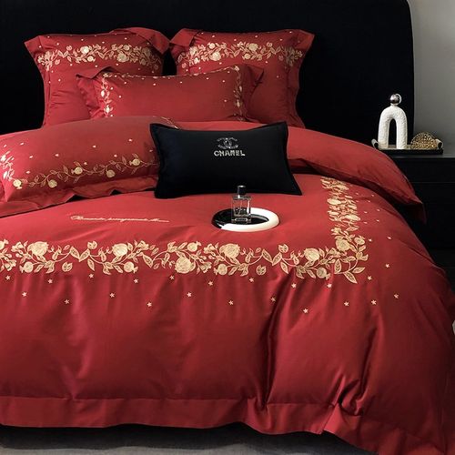 高端婚庆100S长绒棉床上四件套全棉纯棉刺绣结婚大红被套床单床品