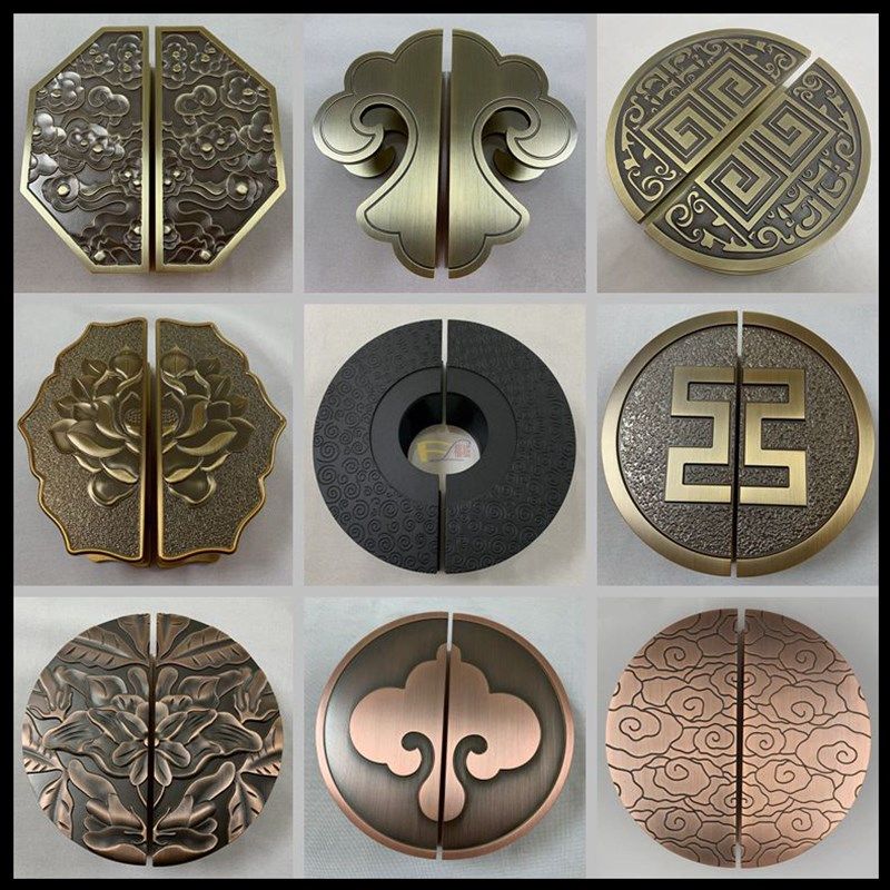 中式仿古大门拉手祥云玻璃门拉手古铜雕刻镂空半圆形木门把手黑色