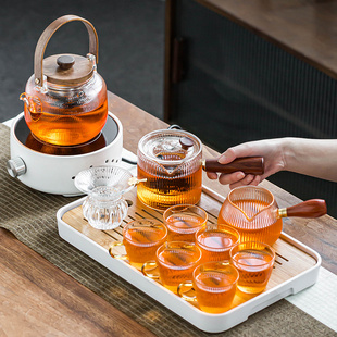 家用客厅功夫y茶杯茶壶冲茶器煮茶小套办公室泡 竖纹玻璃茶具套装