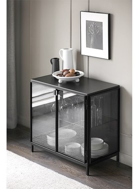 北欧简约玻璃碗柜餐边柜黑色橱柜玄关柜酒柜边柜金属储物茶水柜