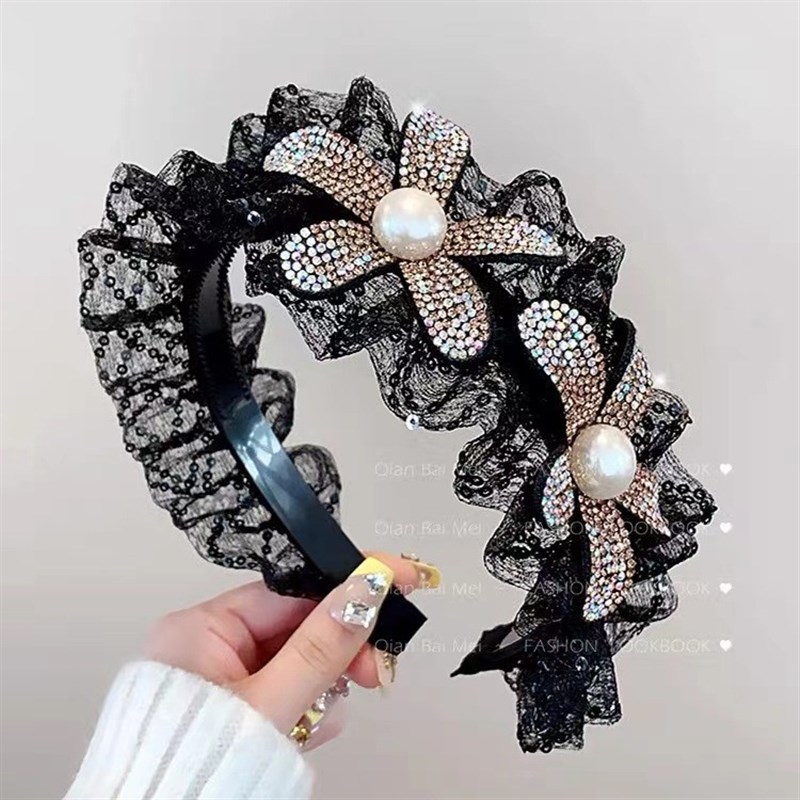 黑色麻花辫网纱发箍水钻气质发卡时尚百搭轻奢头箍女Y洗脸发饰头