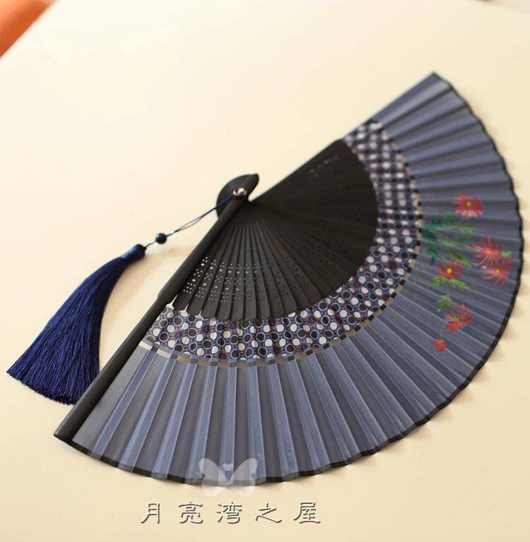 月亮扇精品夏季女扇日用扇双截扇面折叠小k扇子6寸手绘折扇豆绿色