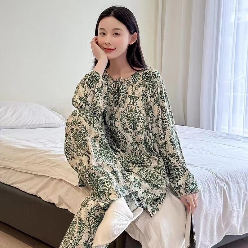 长袖国风春秋家i居服新款睡衣夏季女士套装2025超薄加长款长裤高
