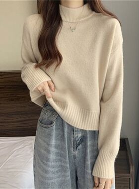 半高领宽松加厚套头毛衣女秋冬2y023新款小个子短款休闲针织衫上