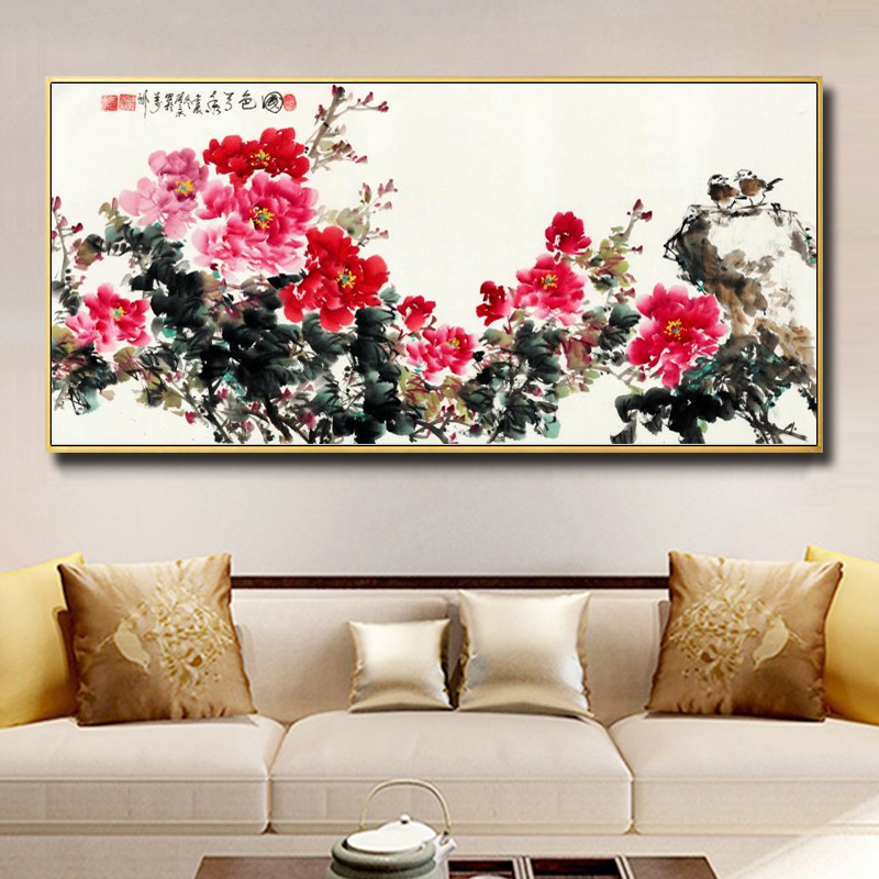 沙发背景墙面装饰画客厅壁画现代大气挂画简约新中式花开富贵牡丹图片