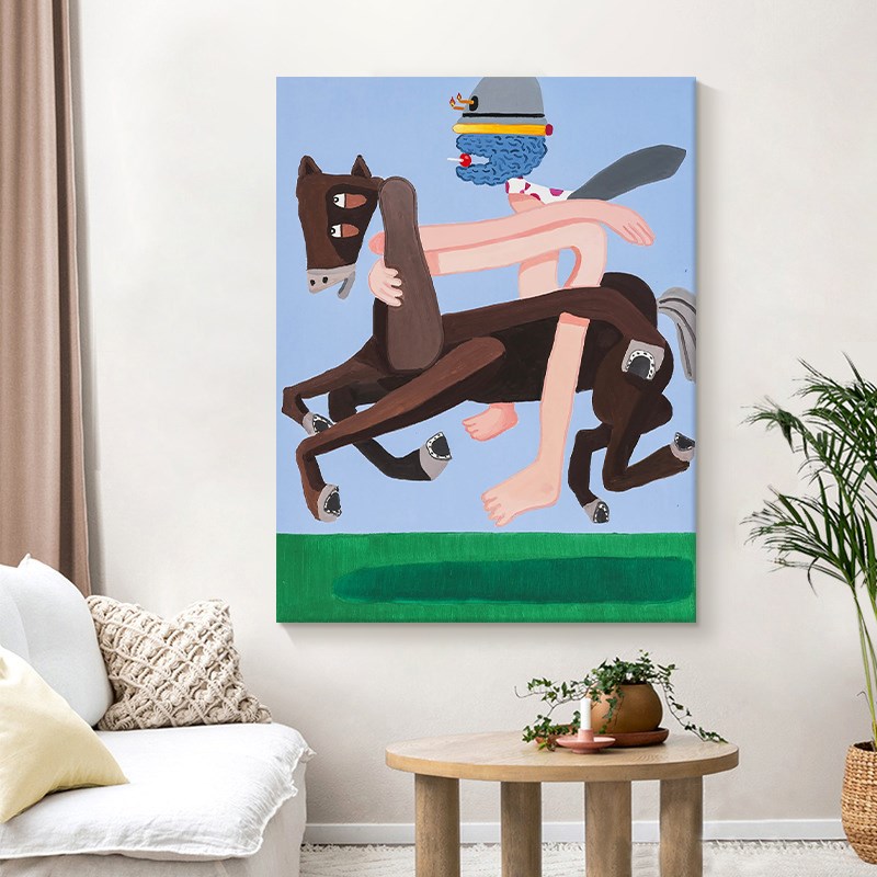 创意后现代客厅装饰画小众艺术抽象人物骑马手绘油画玄关丙烯挂画图片