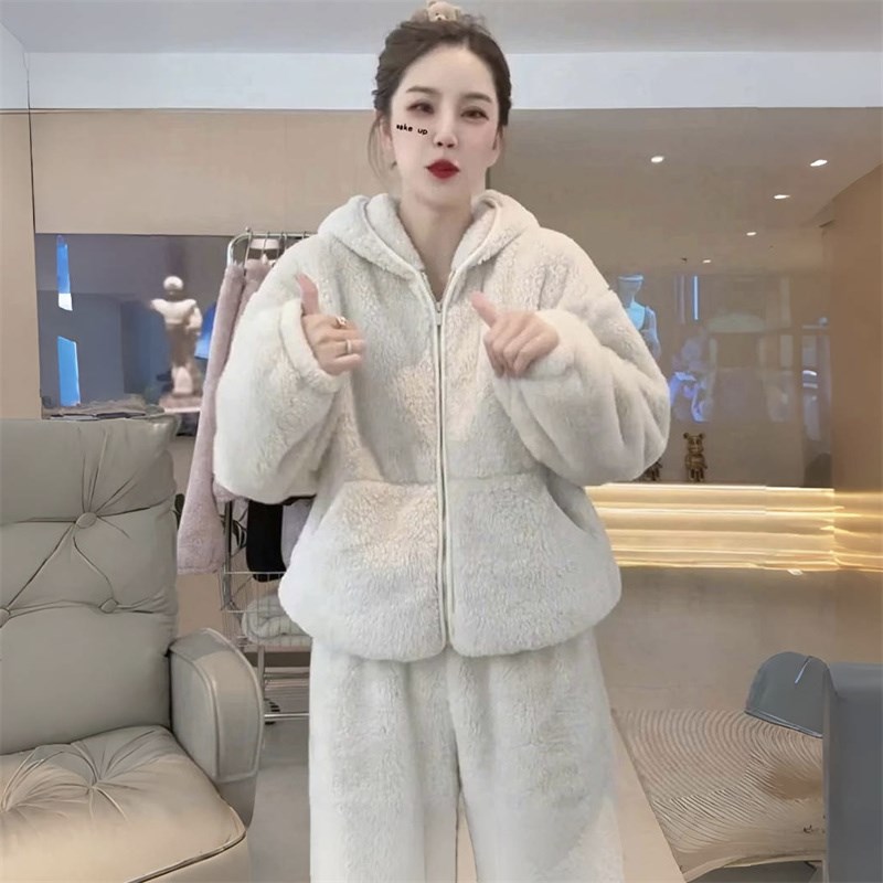 冬天厚家居服套装连帽插兜加绒加厚宽松居家服两件套女20Z24新款