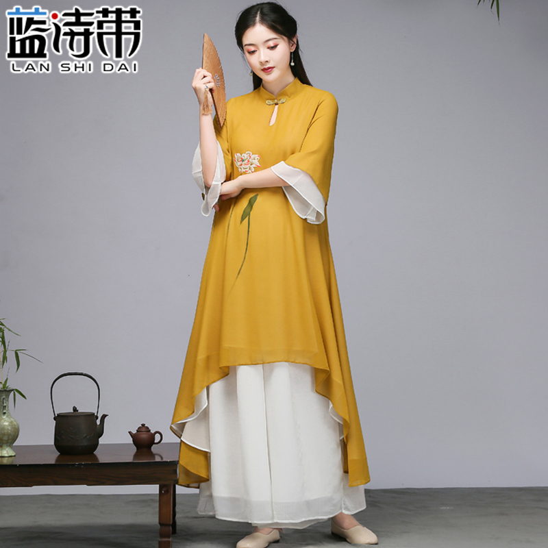 中国风女装茶服女唐装春夏汉服文艺复G古雪纺连衣裙禅修服长款裙
