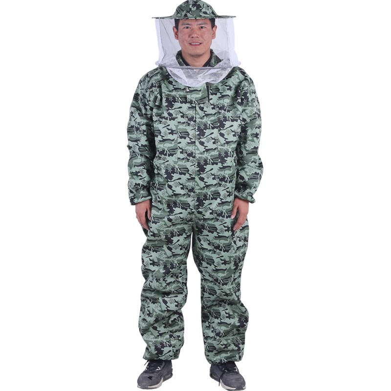 迷彩连体蜂衣蜜蜂防护服五星连体加厚蜂衣帽子U可拆卸透气蜂衣