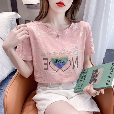韩国短袖T恤女烫钻纯棉大码宽松白色上衣夏季韩版潮牌.小个子体恤