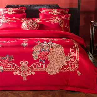 结婚四件套纯棉全棉大红色牀上用品刺绣牀单被套件婚庆喜被十件套