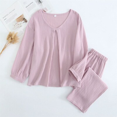 春夏款女士九分袖九分裤睡衣套装全棉绉布纱布圆领套头薄型家居服