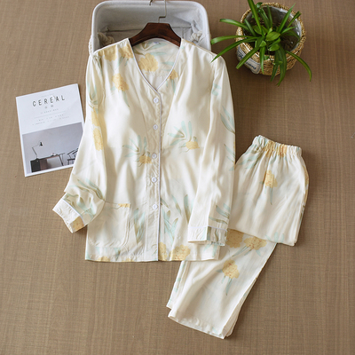 柔软绵绸长袖家居服套装女士夏季空调服带胸垫睡衣人造棉春秋薄款