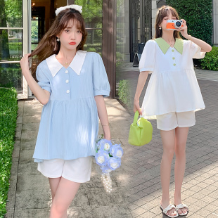 法式 时尚 撞色方领娃娃衫 上衣 两件套夏 孕妇夏季 托腹短裤 休闲套装