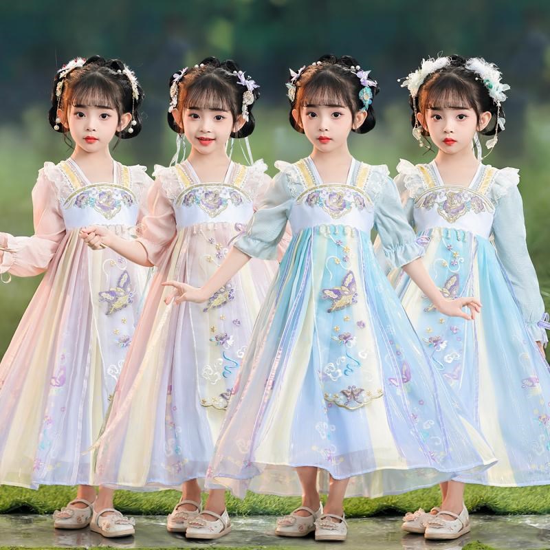 2024新款汉服女童春秋款儿童汉服套装中国风唐装古风超仙连衣裙粉