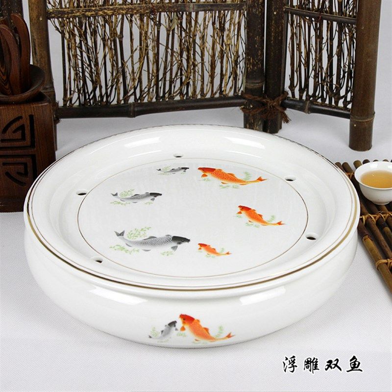 青花瓷大号12英寸陶瓷功夫茶具茶盘圆形双层储水家用托盘茶海,餐饮具,茶盘,淘宝优惠券,粉丝福利购,淘宝优惠卷