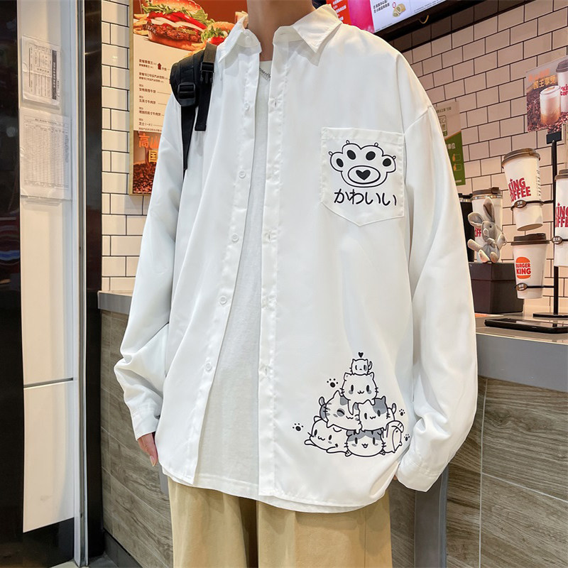 新品春秋季卡通印花衬衫男港风ins日系宽松长袖衬衣韩版潮流学生