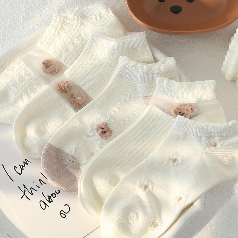 白色袜子女短袜夏季薄款水晶袜学生可爱百搭女款翻纱浮雕透气船袜