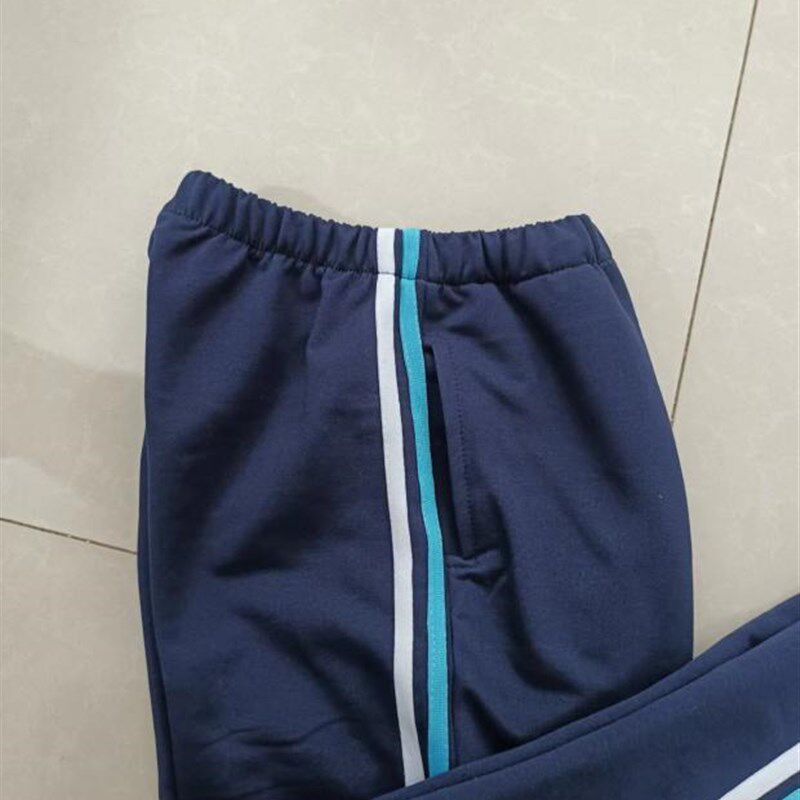 订做中小学生男女校服长裤深藏蓝色+浅蓝条白条运动休闲校裤