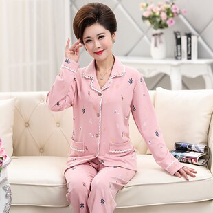 中年妈妈睡衣女春秋款纯棉长袖中老年人家居服春秋季常规全棉套组