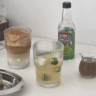 竖条纹玻璃咖啡杯jins风大容量水杯子透明冰美式拿铁牛奶杯高颜值