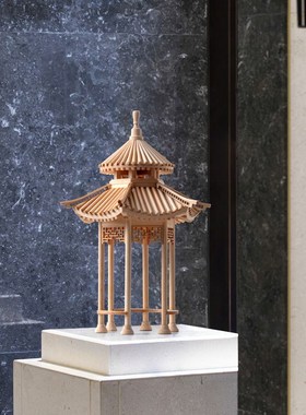六角凉亭新中式仿古建筑模型装饰摆件酒店民宿茶室玄关木质艺术品