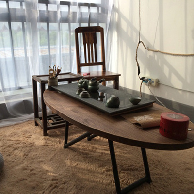 loft铁艺实木客厅复古小茶几椭圆形矮桌家用茶桌小户型简约茶几