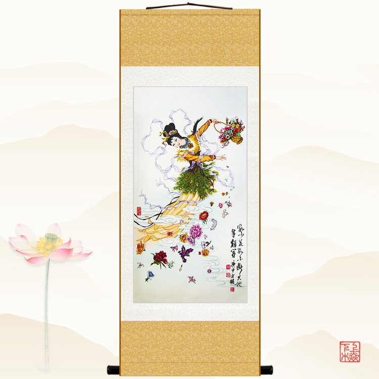 天女散花图 仙女人物画像 玄关书房客厅装饰画 绢布卷轴挂画包邮