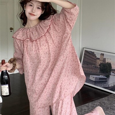 春秋季睡衣女款韩版复古小碎花纯棉麻七分袖睡裙家居服春夏季套装