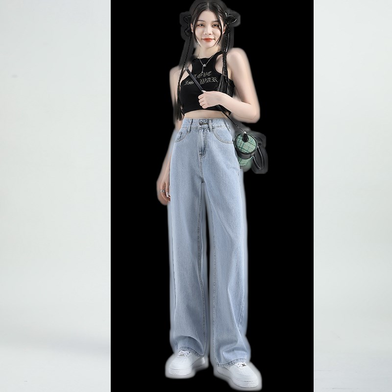 梨型身材浅蓝f色阔腿裤女小个子夏装搭配垂感宽松牛仔直筒长裤春