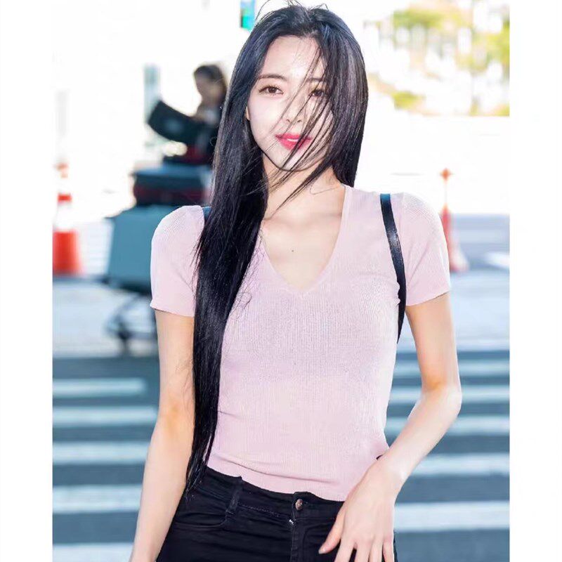 申有娜同款粉色T恤女2023夏季薄款冰丝针织衫短袖V领短修身上衣