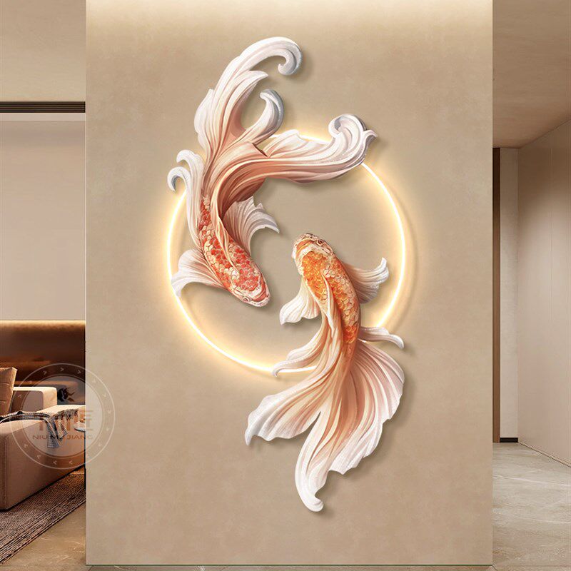 招财锦鲤侘寂风现代装饰画入户门玄关挂画高级感客厅立体壁饰灯画,家居饰品,现代装饰画,淘宝优惠券,粉丝福利购,淘宝优惠卷
