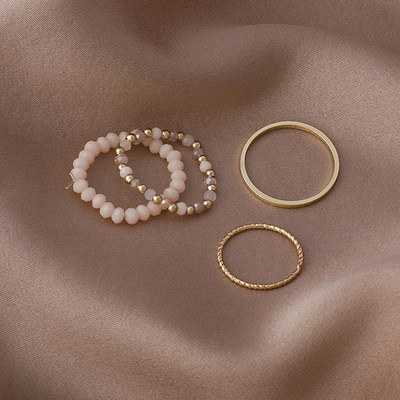 推荐4PCS Women's Ring Summer Crystal Beaded Vintage Rings Se